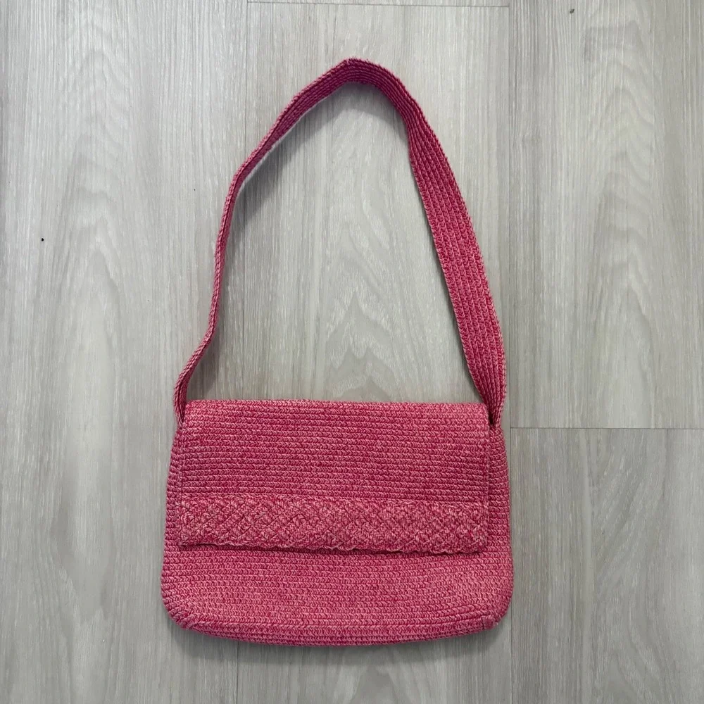 The Scala Collection Bag Pink Crochet Straw Shoulder Bag Butterfly Floral Lining